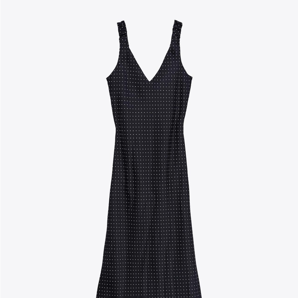 Zara Black Midi Slip Dress V-Neck Sleeveless polkadot slip dress